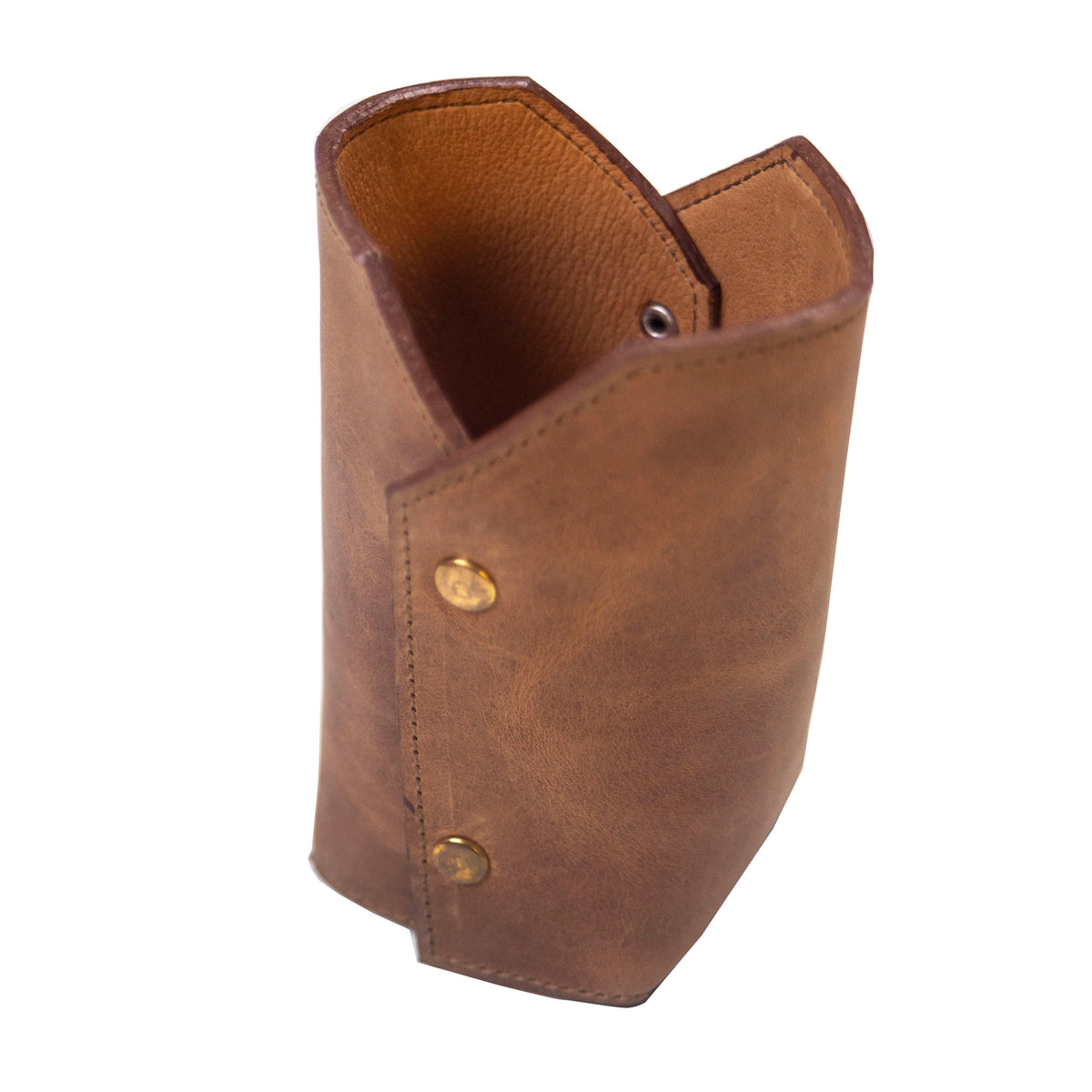 Handcrafted brown leather pencil cup with brass button details