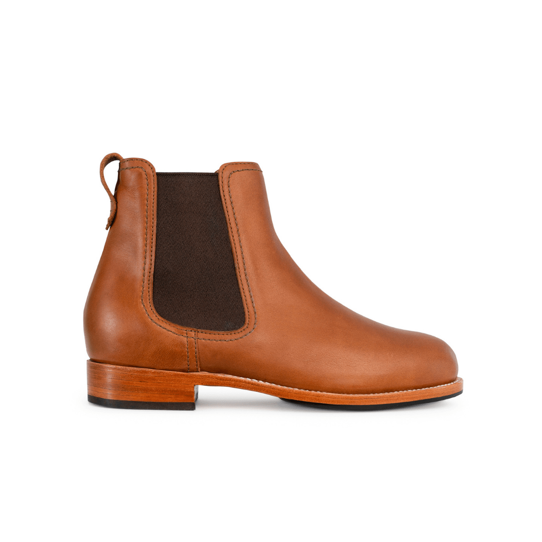 Brown leather womens Chelsea boot with elastic side panel and pull tab by Adelante Made To Order available in narrow to extra wide widths