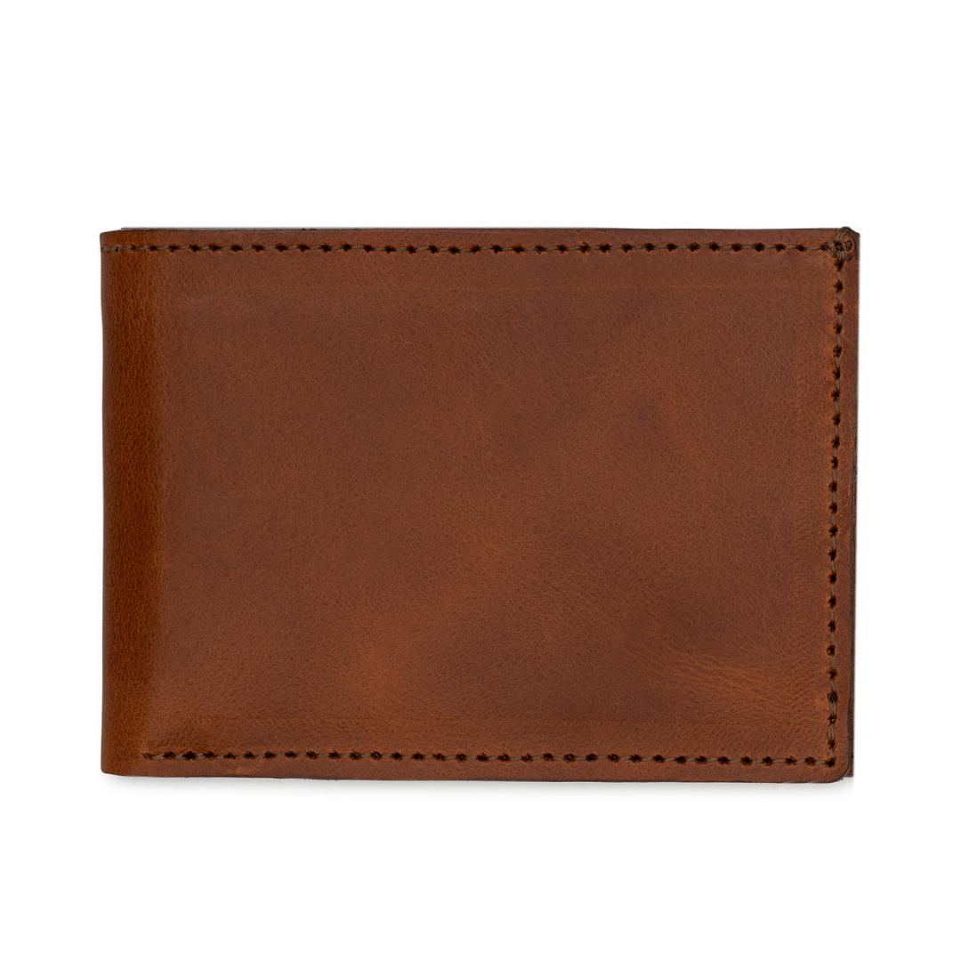 Light brown leather bi-fold wallet, closed