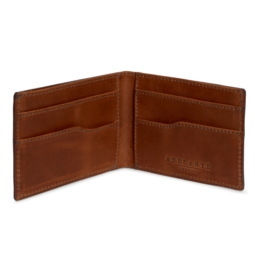 Light brown leather bi-fold wallet, open to show the card slots, personalization available