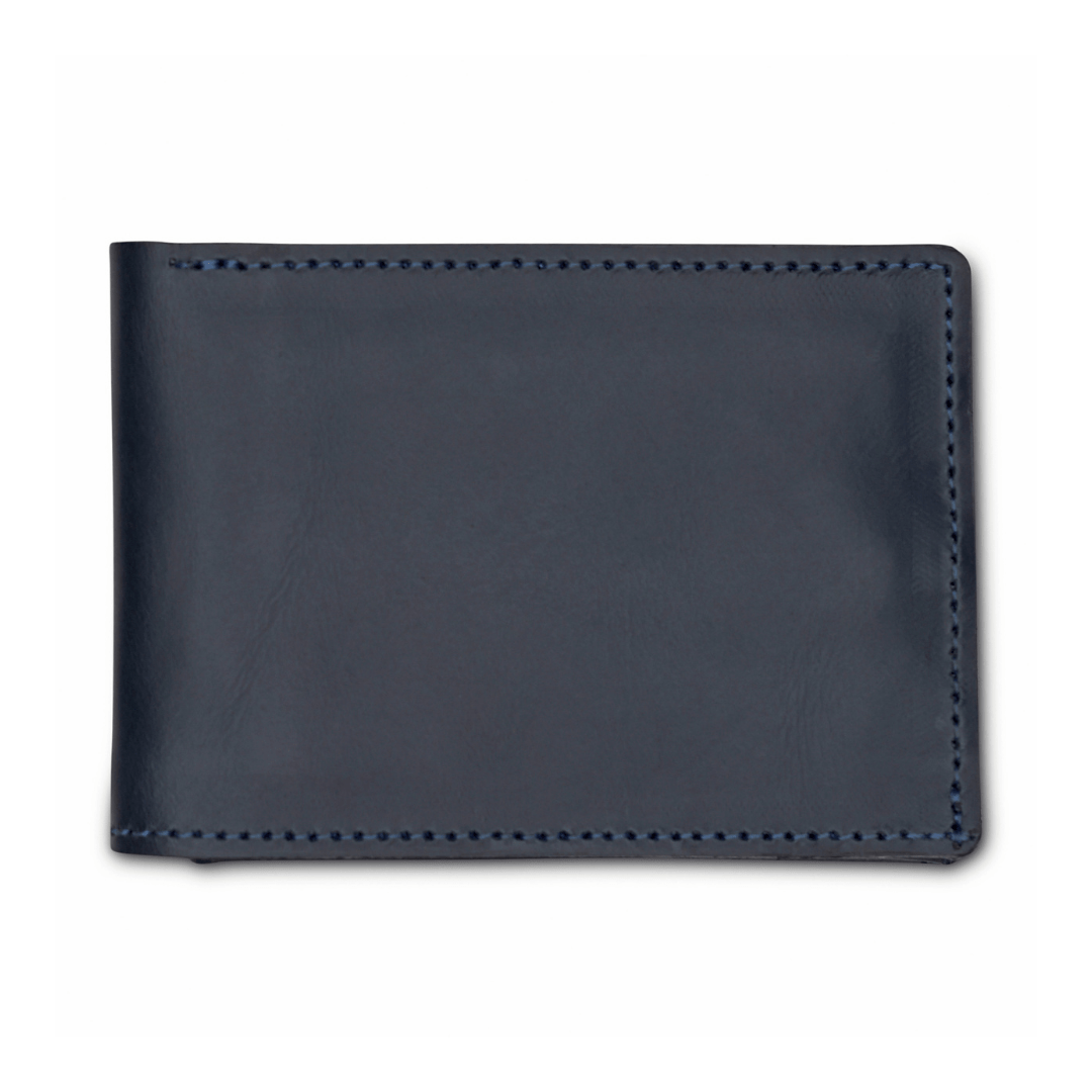 Blue leather bi-fold wallet, closed, made to order