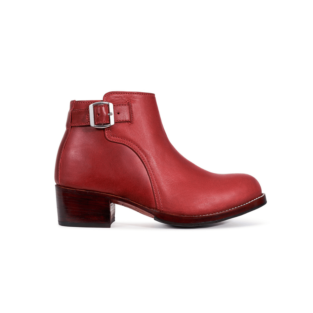 Red leather womens buckle bootie with block heel and side strap by Adelante, available in wide widths