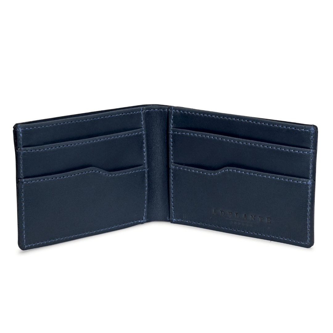 Blue leather bi-fold wallet, open to show the card slots, customization available