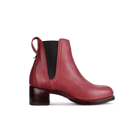 Women's EEE wide red leather heeled Chelsea boot, seen from the side – The Catalina