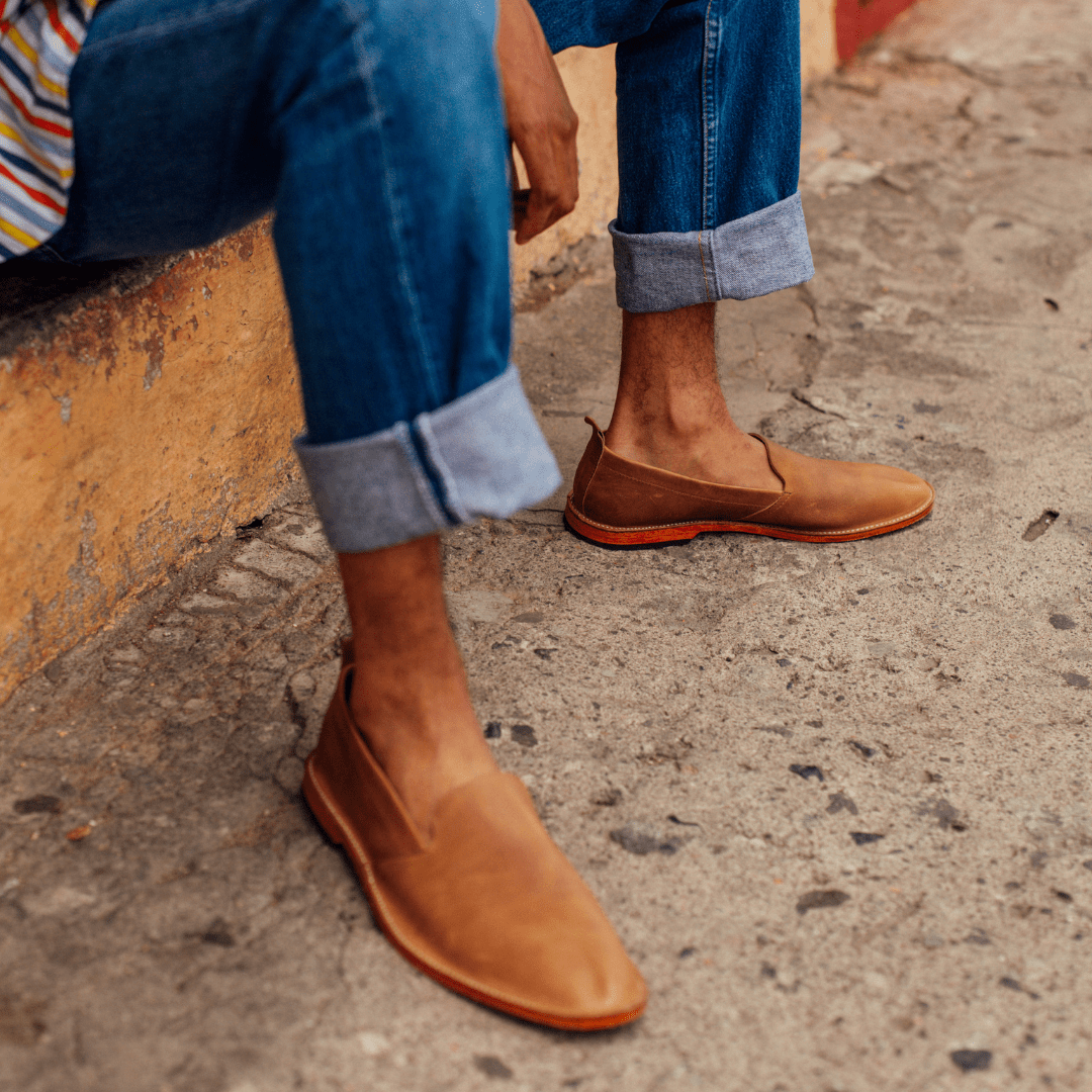 Men's extra-wide tan leather slip-ons, worn on foot – The Viento