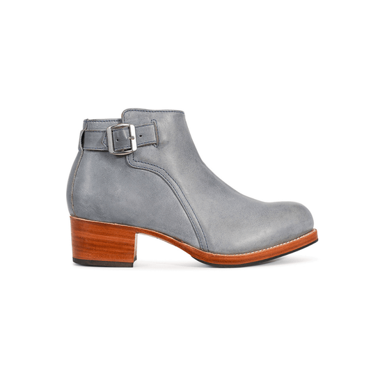 Women's wide gray leather buckle bootie, seen from the side, made by hand in Guatemala – The Carmen