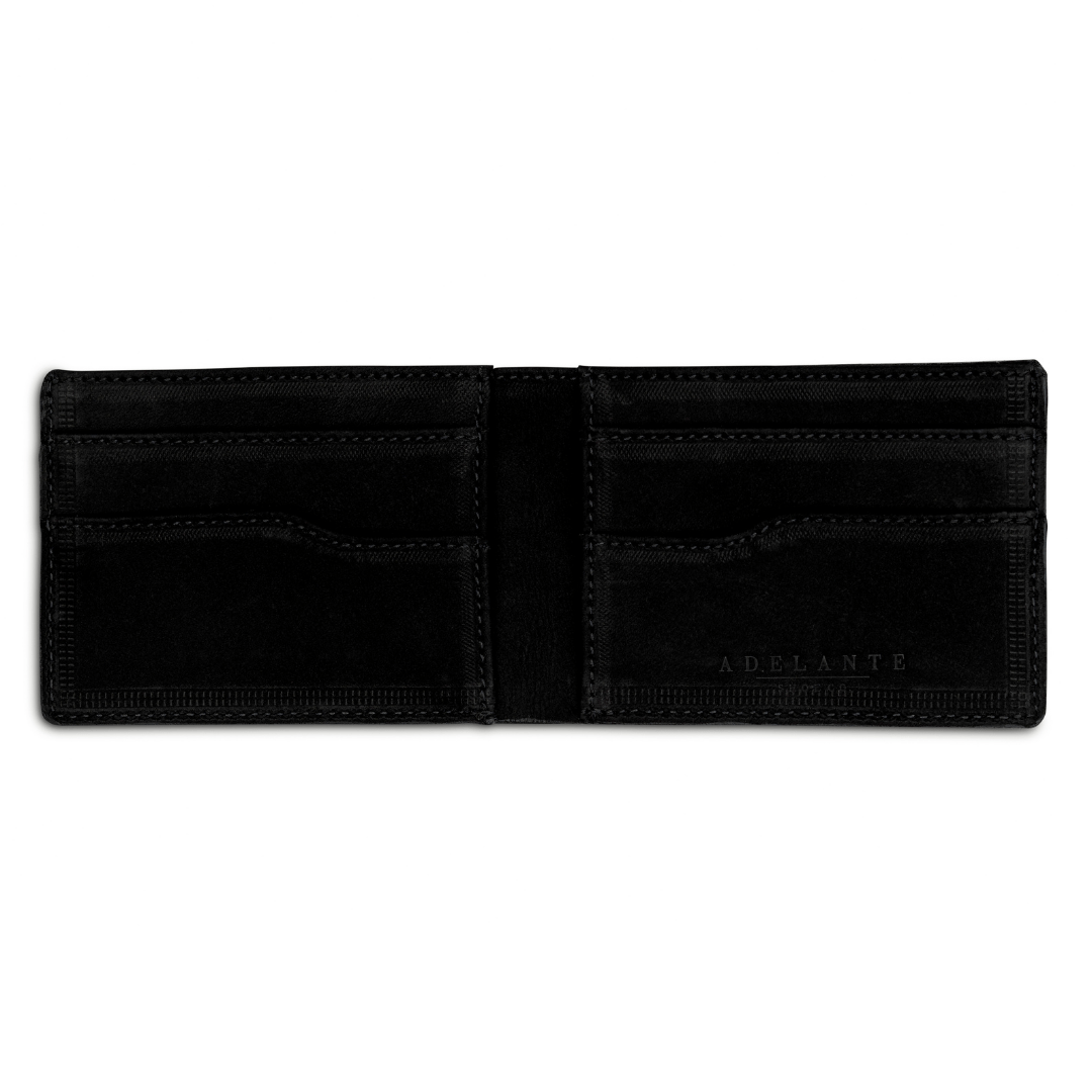 Black leather bi-fold wallet, open to show the card slots, stitched by hand in Guatemala