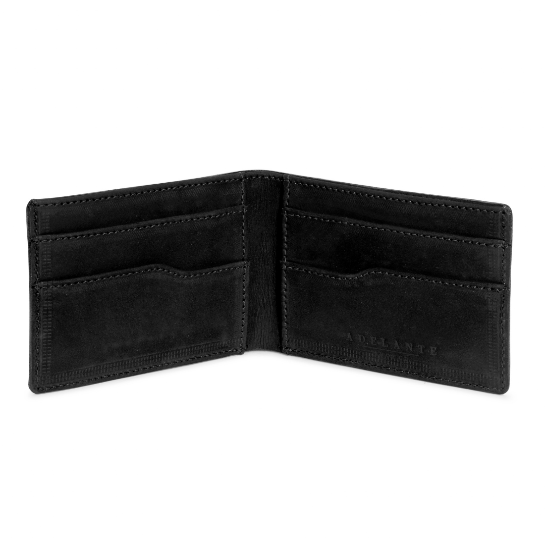 Black leather bi-fold wallet, open to show the card slots, customization available