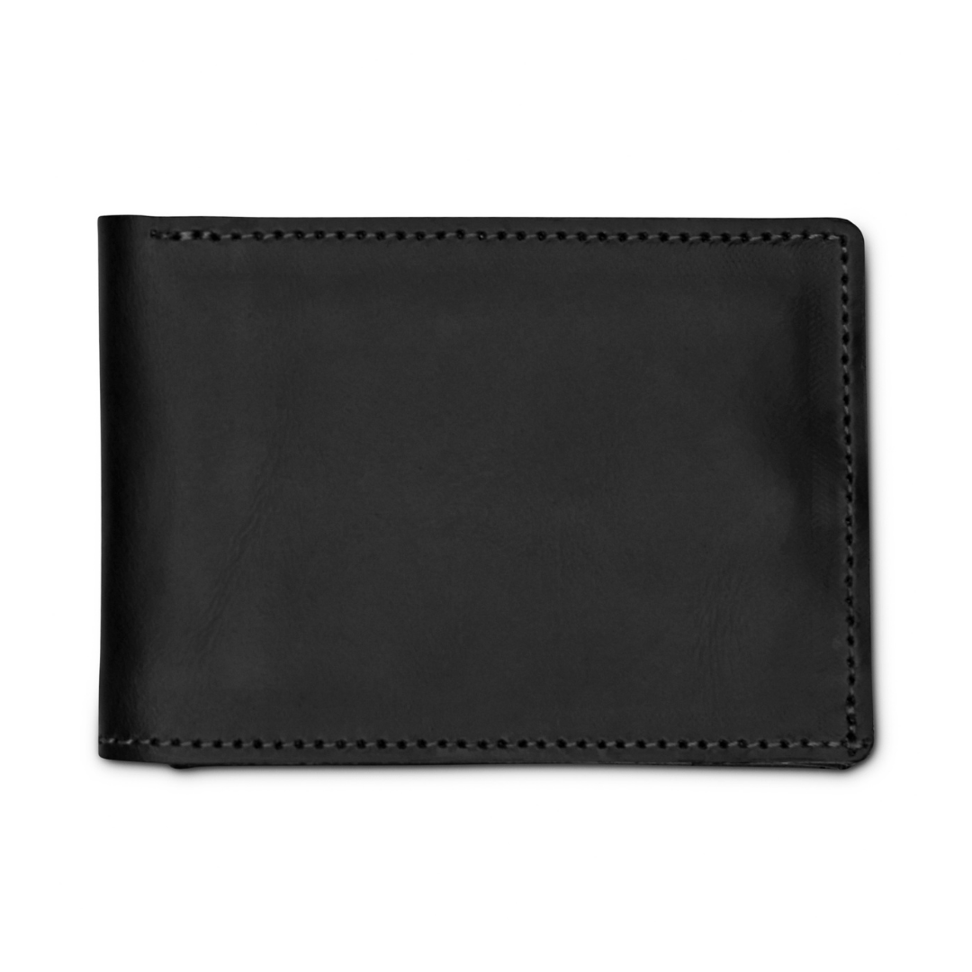 Black leather bi-fold wallet, closed, handcrafted and made to order