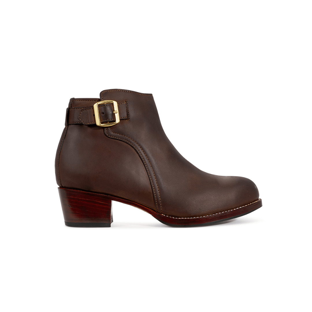 Brown leather women's buckle bootie with adjustable strap and block heel by Adelante Shoes