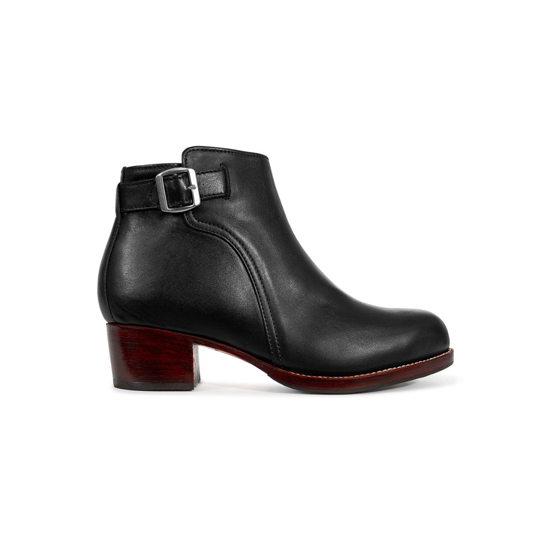 Black leather womens buckle bootie with a block heel by Adelante Made To Order available in narrow to extra wide widths