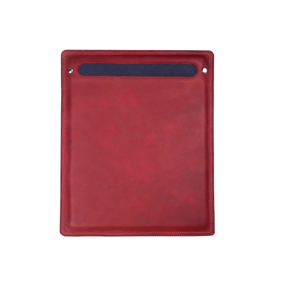 Red leather desk mat with stitched edges and top slot, handcrafted by Guatemalan artisans