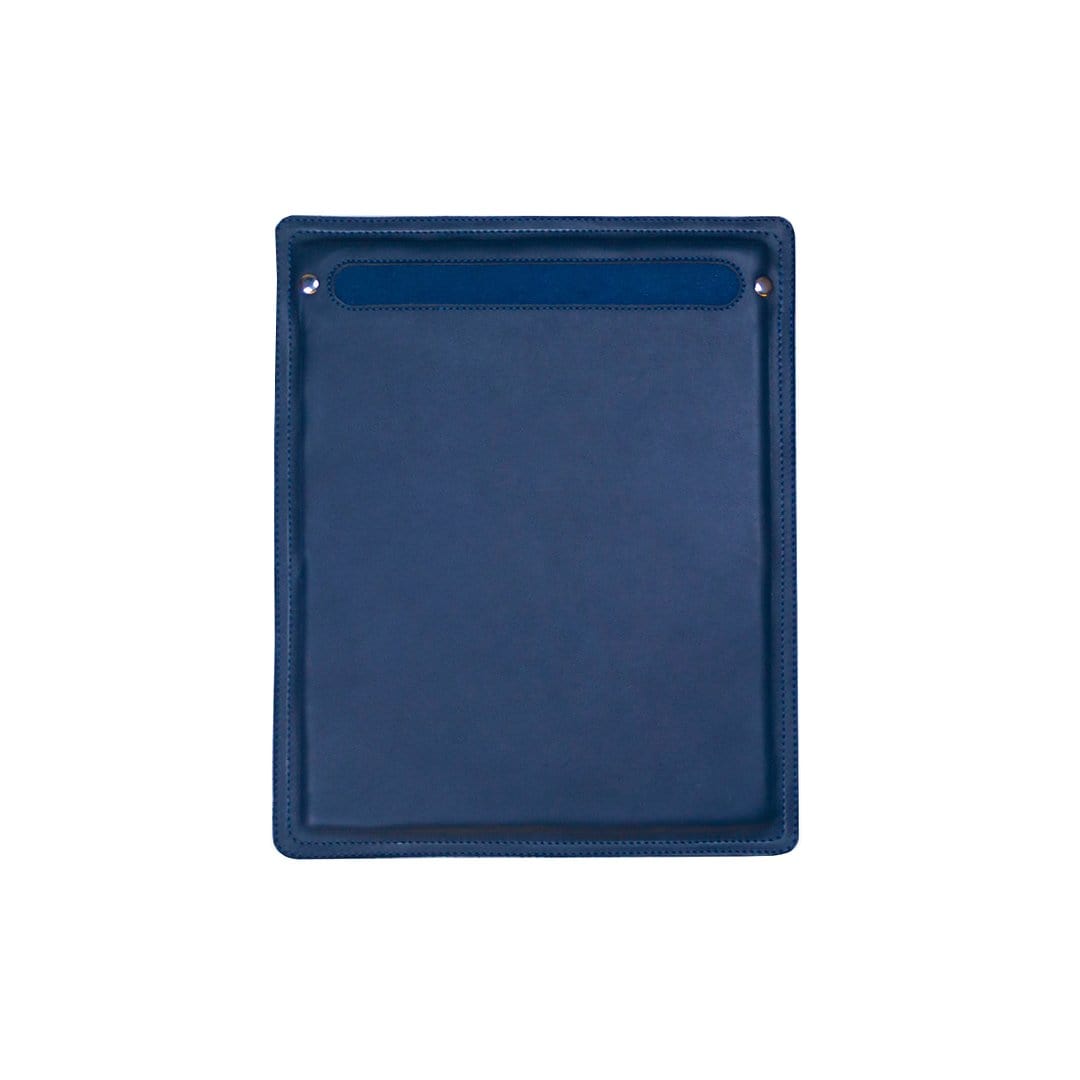 Navy blue leather desk mat with stitched edges and a front pocket, handcrafted by Guatemalan artisans