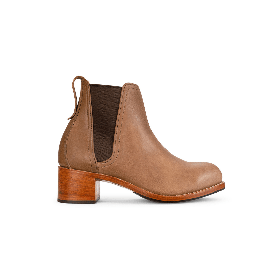 Side view of a women's EEE wide brown leather heeled Chelsea boot, available to order in size 5 – The Catalina