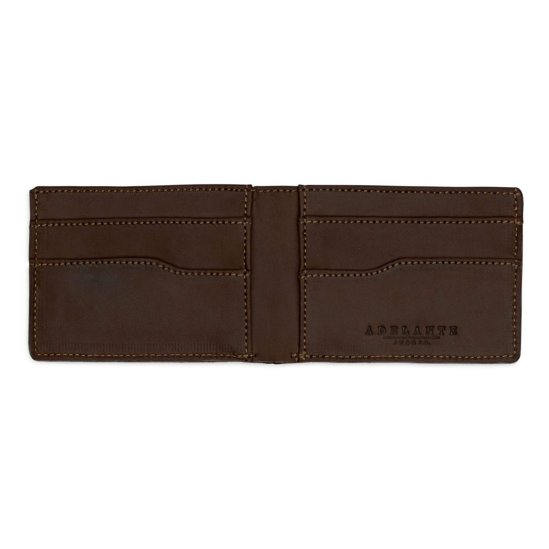 Brown leather bi-fold wallet, open to show the card slots