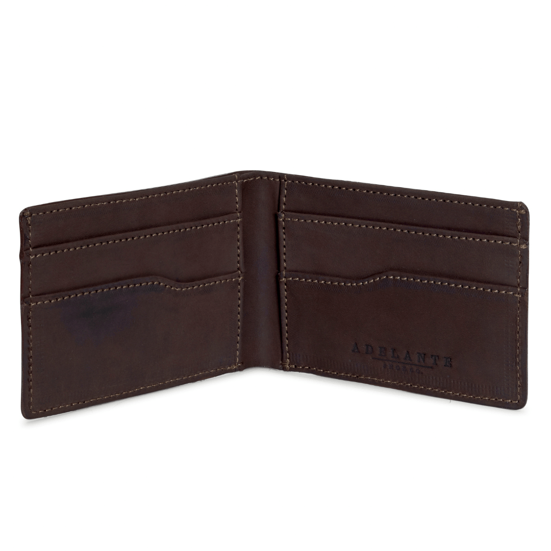 Brown leather bi-fold wallet, open to show the card slots, personalization available