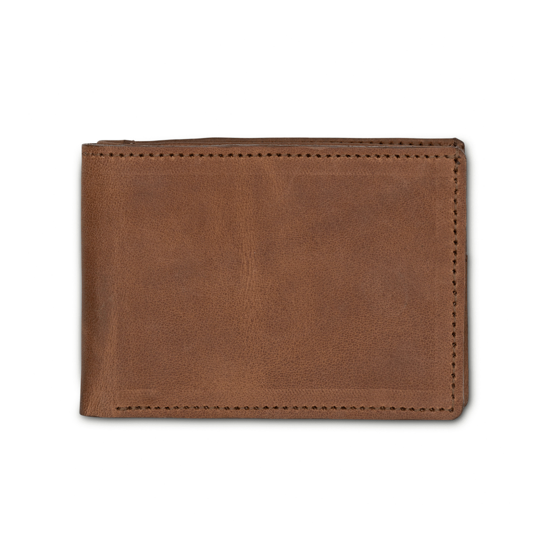 Tan leather bi-fold wallet, closed, handcrafted to order in Guatemala