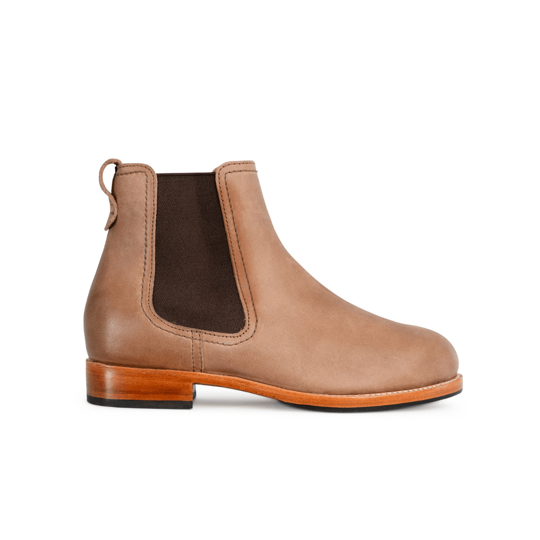 Tan women's Chelsea boot with elastic side panel pull tab contrast stitching and low walking heel available in narrow to extra wide widths