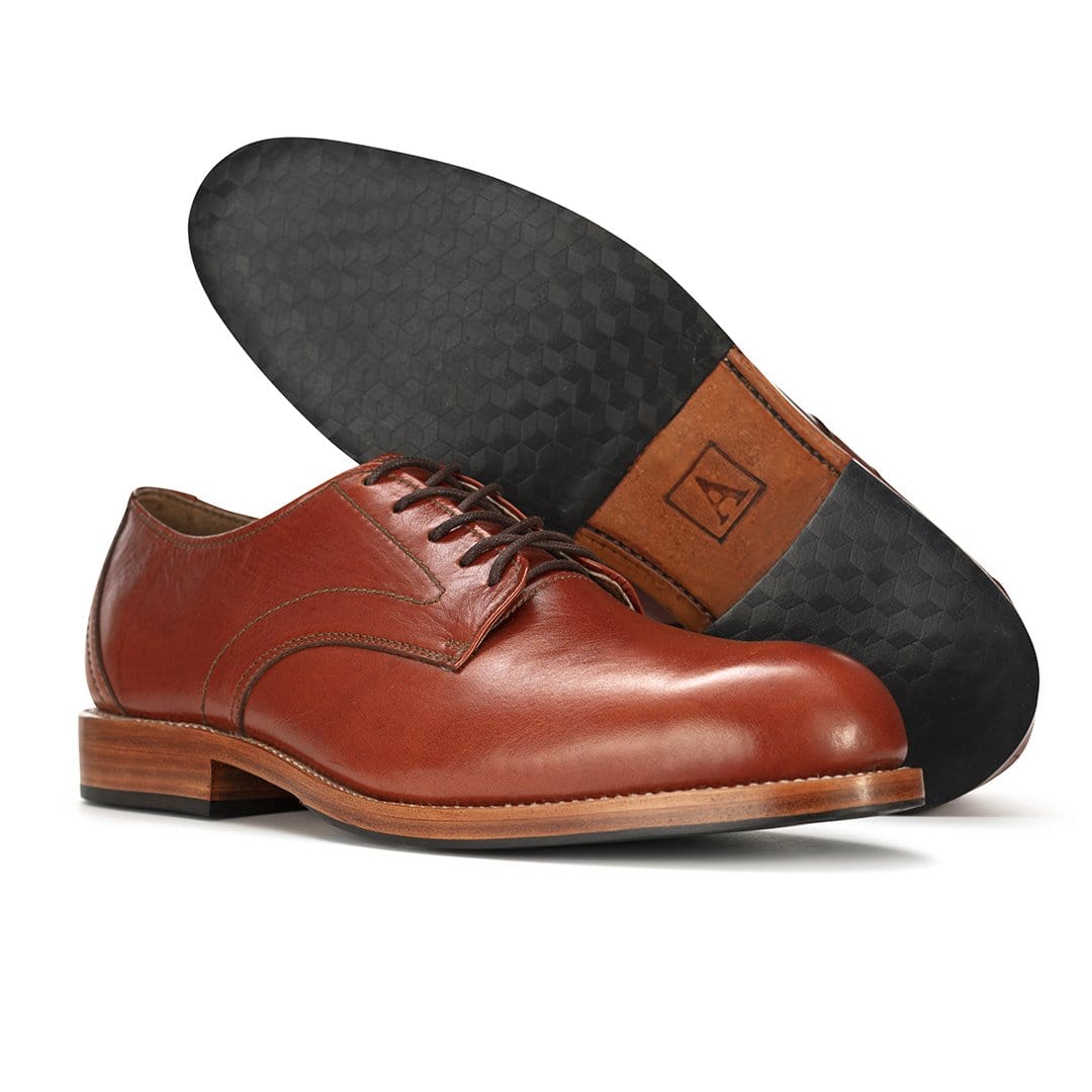 Men's EEE wide brown leather derby, showing the leather sole, made to order for hard-to-fit feet – The Romero
