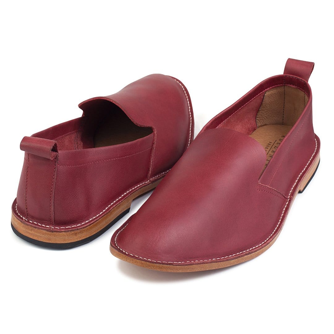 Men's EEE wide red leather slip-ons, shown at an angle, can be made in size 5 – The Viento