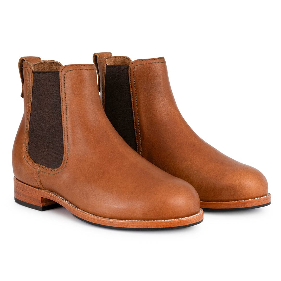 Women's brown Chelsea boots with elastic side panels and pull tabs, available in narrow to extra wide widths