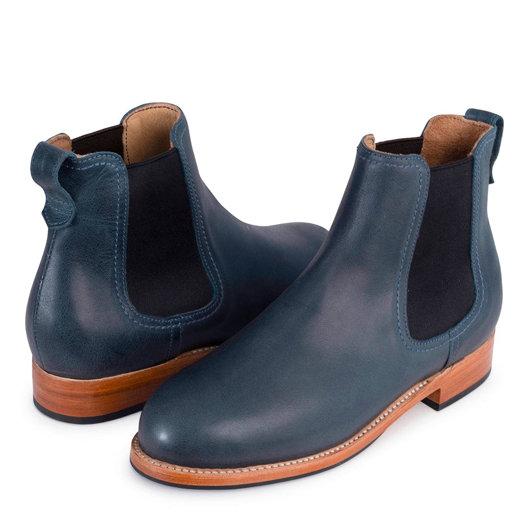 Handcrafted navy blue women's Chelsea boots with elastic side panels contrast stitching stacked wood heels and wide width options by Adelante Made To Order