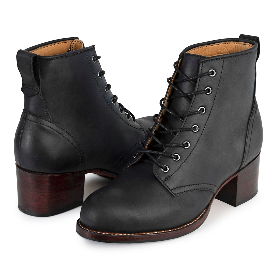 Black womens lace up combat boots with 2 inch block heels by Adelante Made To Order