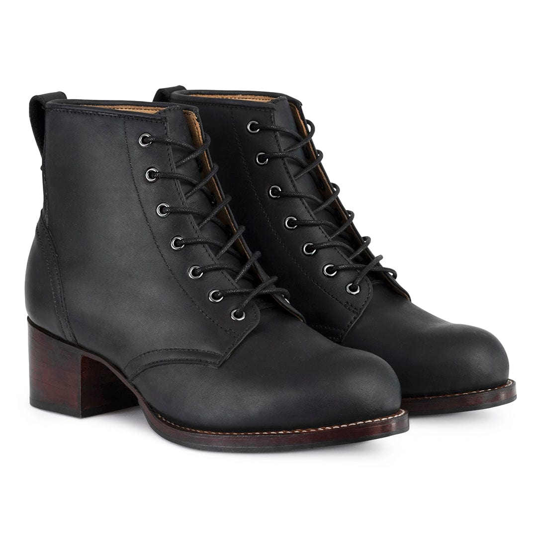 Black women's lace-up combat boots with rounded toes and sturdy block heels by Adelante Made-To-Order