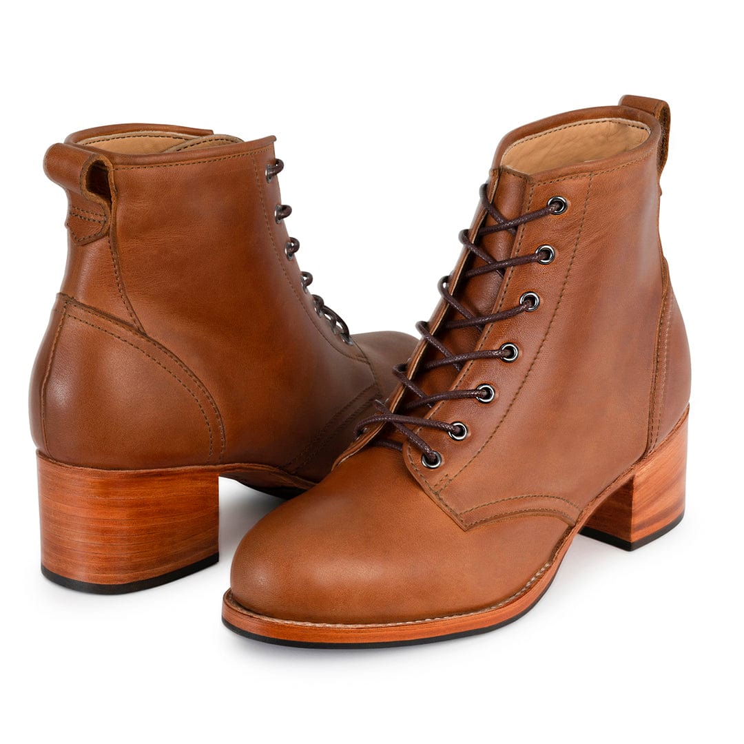 Brown women's wide combat boots with lace up fronts and block heels, handcrafted by Adelante Made To Order in wide widths