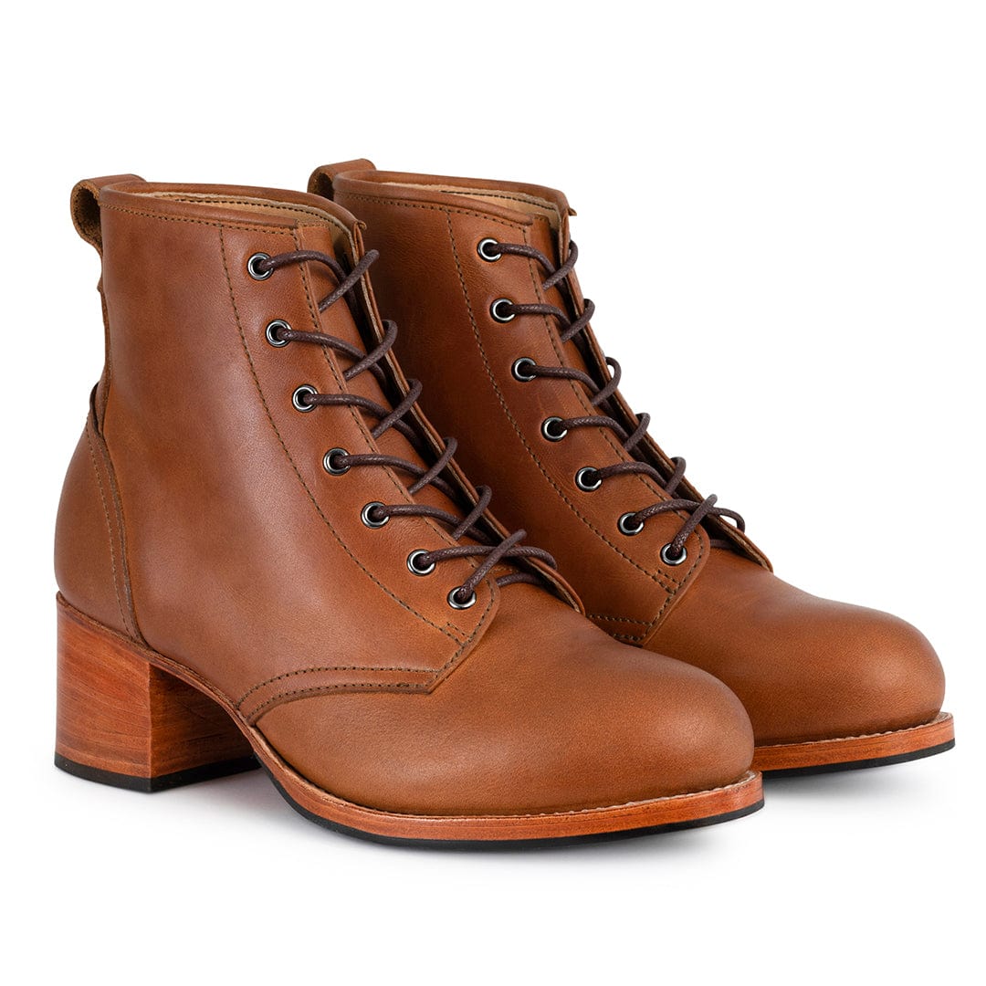 Adelante womens brown leather lace up combat boots with block heels available in wide widths