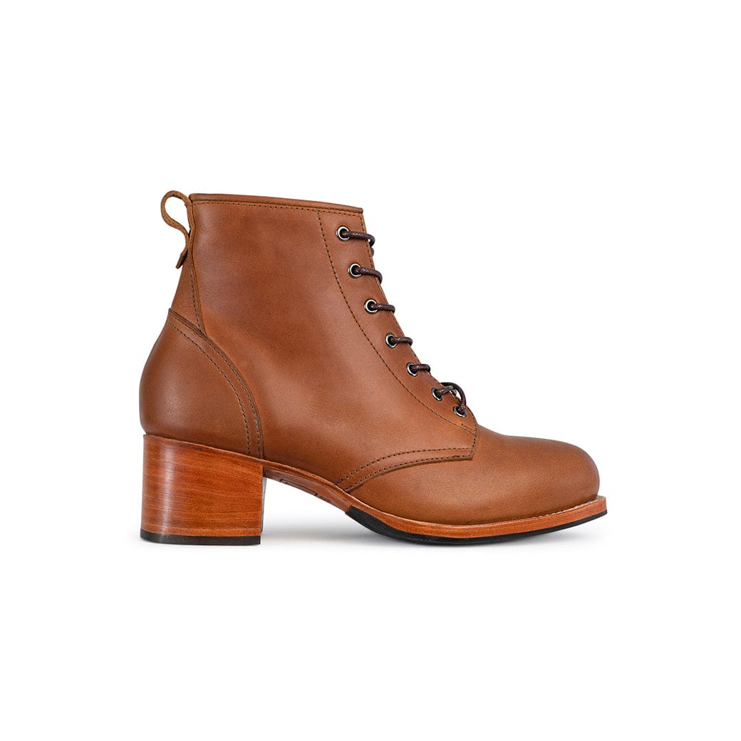Brown women's lace up combat boot with a two inch block heel from Adelante Shoes