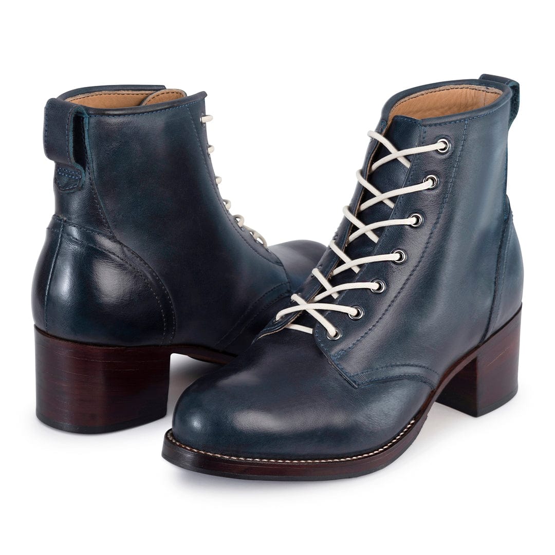 Navy leather womens lace-up combat boots with sturdy 2-inch block heels by Adelante Shoes