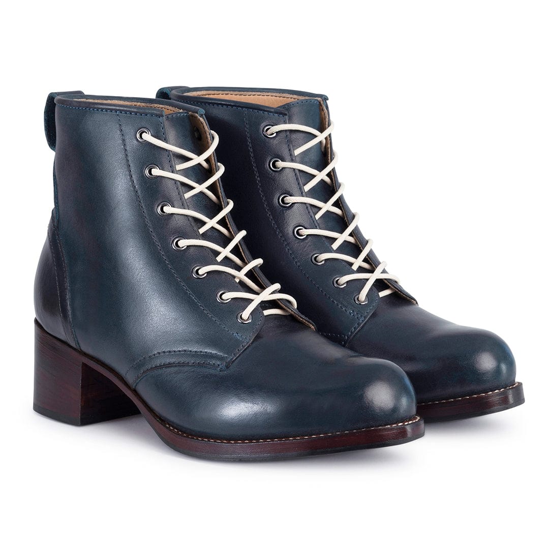Women's navy leather combat boots with white laces and 2 inch block heels by Adelante Made To Order