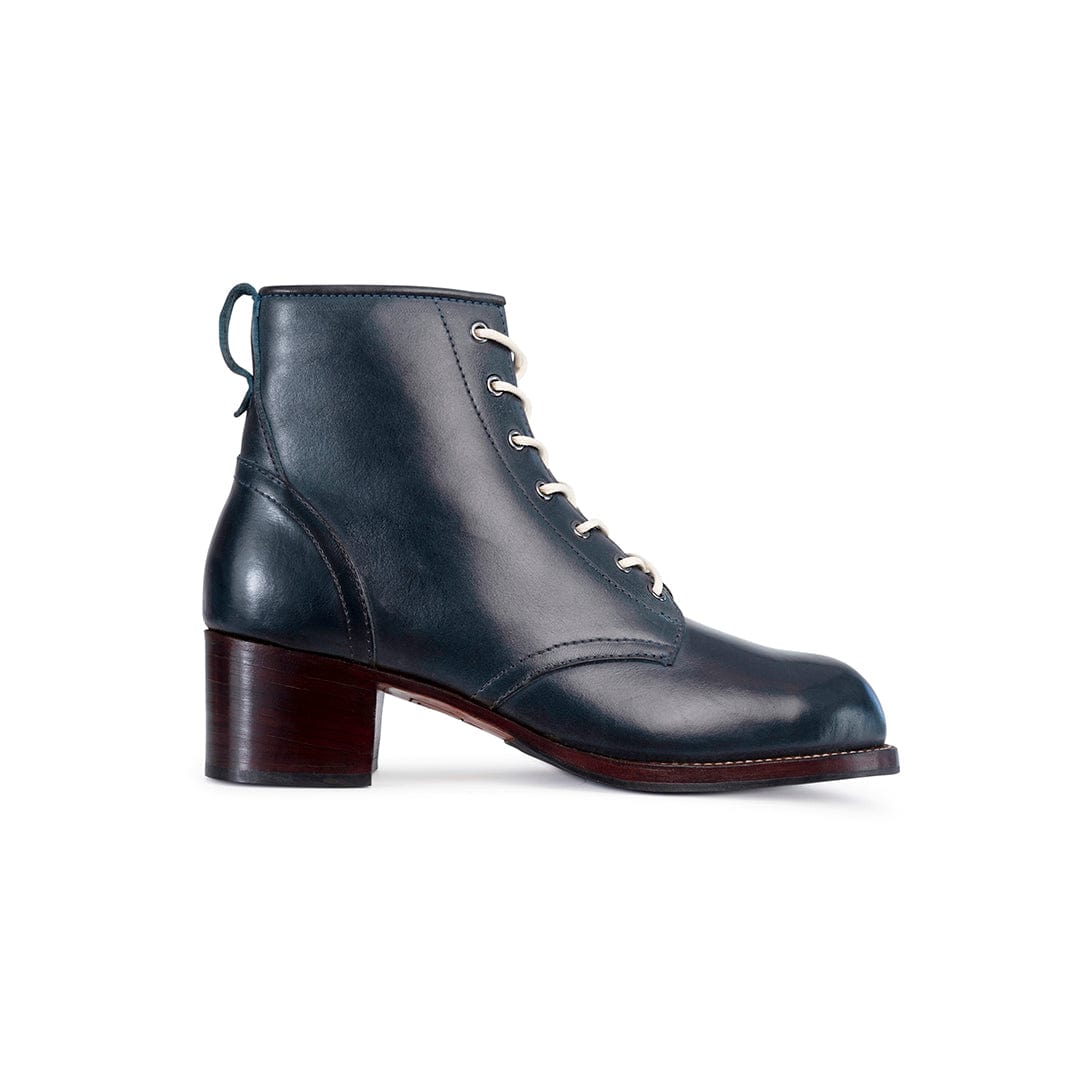 Adelante women's dark navy lace up combat boot with stacked block heel handcrafted and available in wide widths