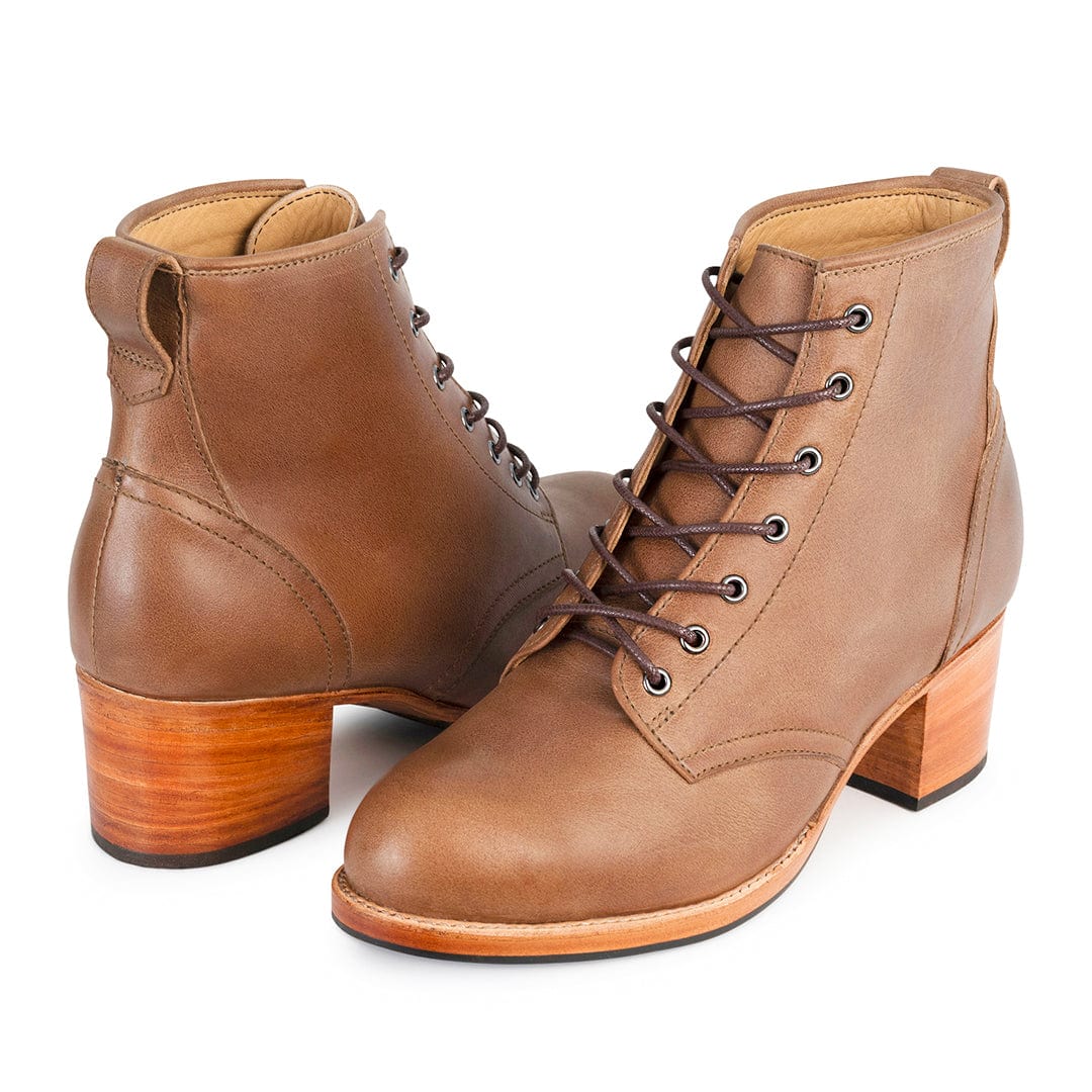 Brown women's wide combat boots with lace-up fronts and 2-inch block heels by Adelante Made-To-Order