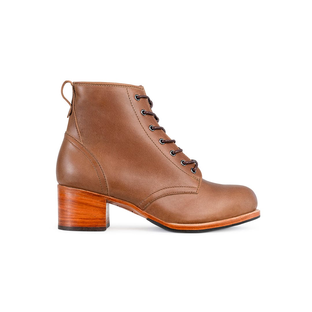 Brown leather women's lace up combat boot with rounded toe and 2 inch wood look block heel, available in wide and extra wide widths