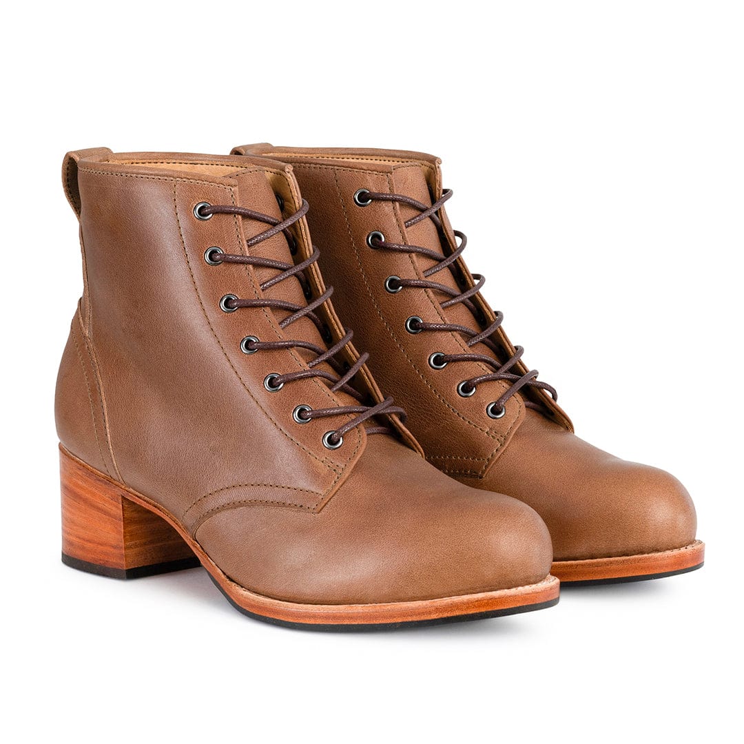 Brown womens wide combat boots with lace up fronts and 2 inch block heels by Adelante Made To Order