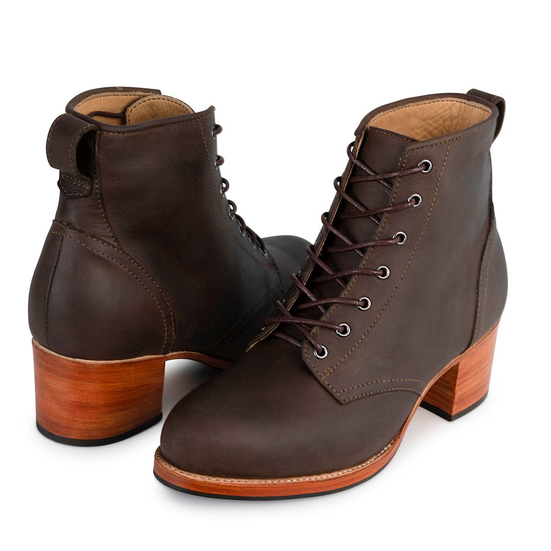 Brown womens lace up combat boots with two inch block heels by Adelante Made To Order