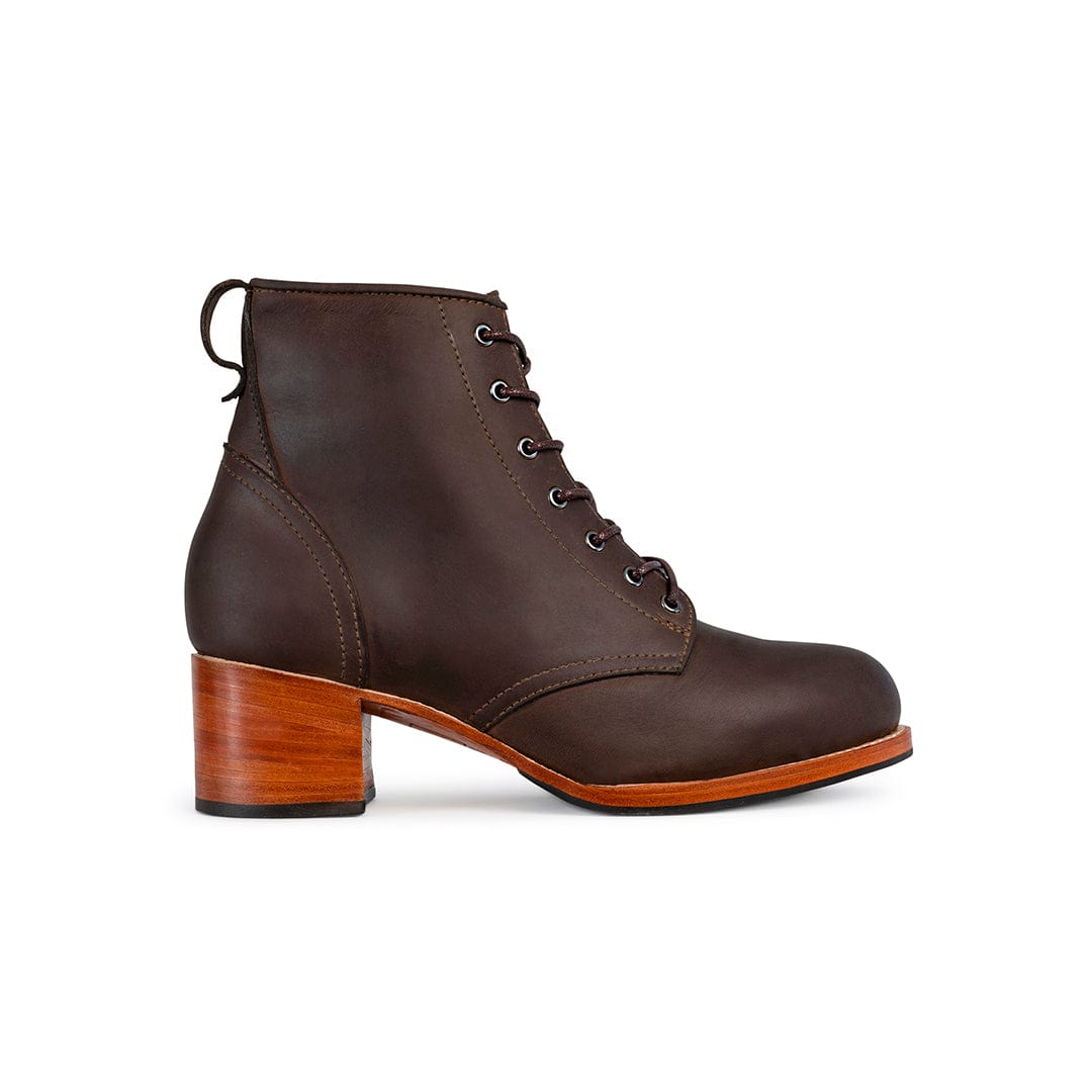 Adelante women's brown leather lace up combat boot with a two inch block heel and sturdy sole