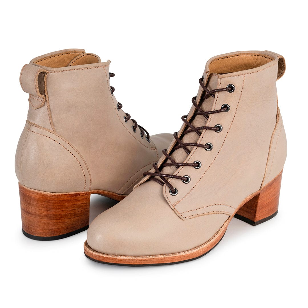 Women's beige lace up combat boots with stacked two inch block heels by Adelante Made-To-Order