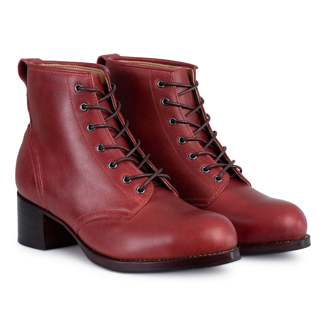 Burgundy womens lace up combat boots with a two inch block heel from Adelante Shoes