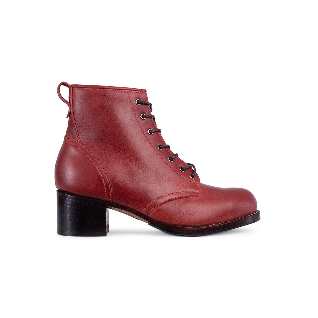 Adelante red leather womens combat boot with lace-up front and 2-inch block heel