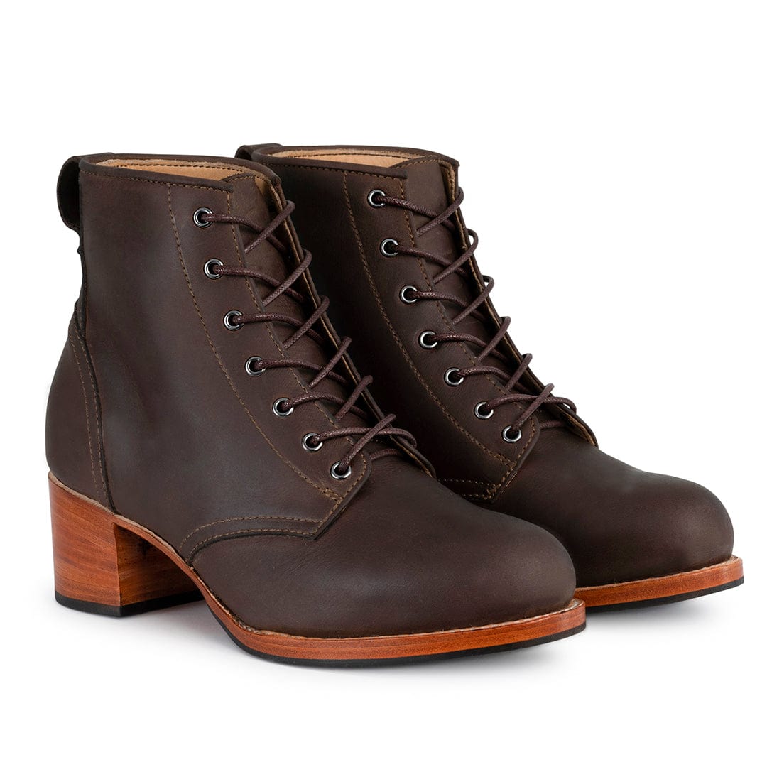 Brown women's wide combat boots with lace-up fronts and 2-inch block heels by Adelante Made-To-Order