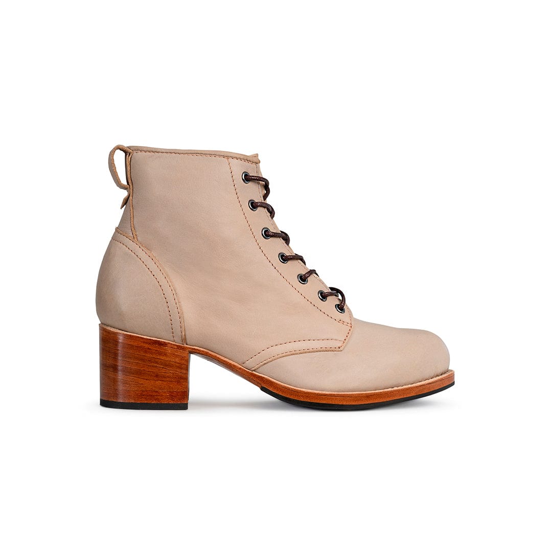 Adelante womens beige wide width combat boot with lace up front and wood grain block heel
