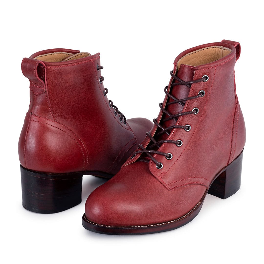 Adelante Made To Order red womens lace up combat boots with sturdy two inch block heels and handcrafted leather construction