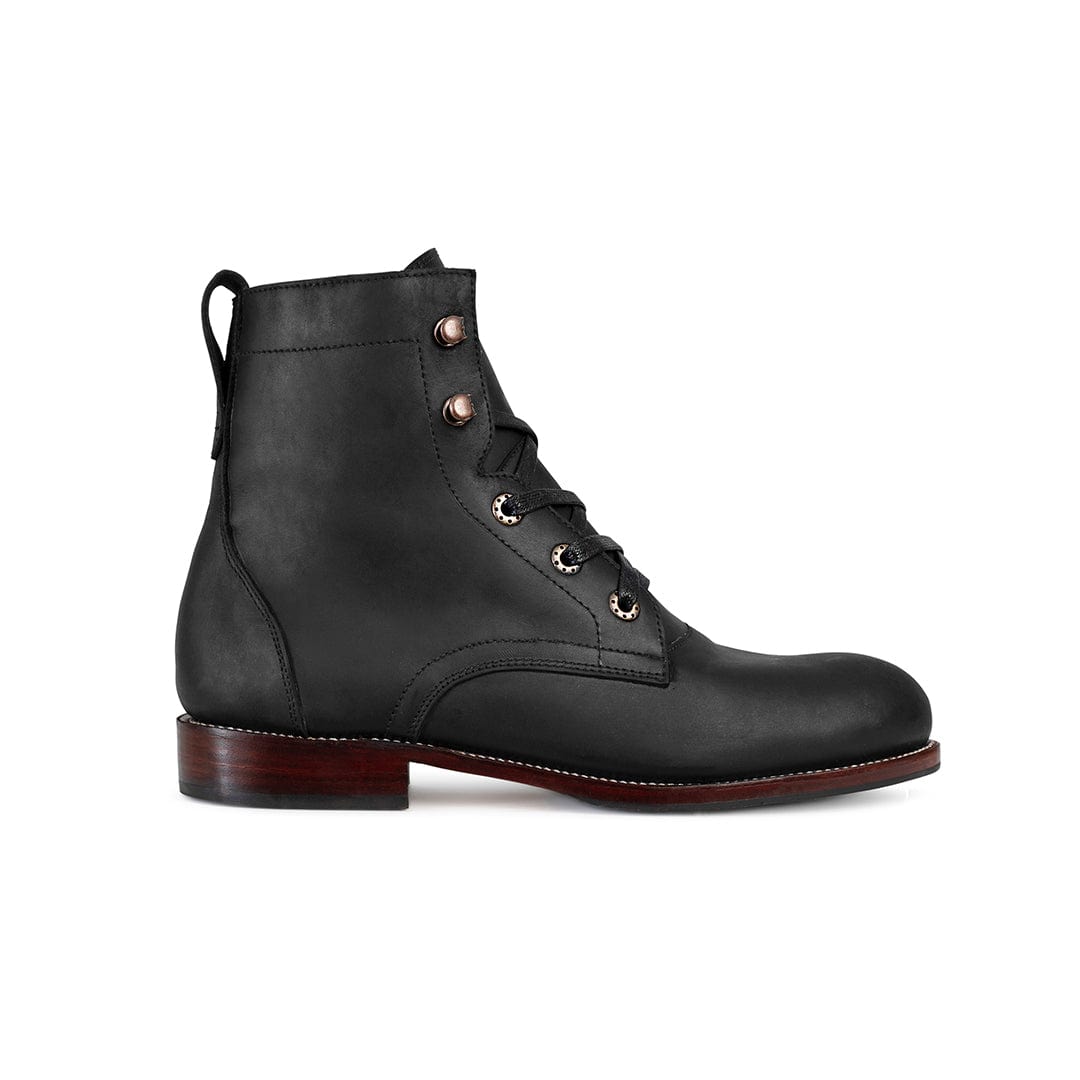 Black men's lace-up leather boot with rugged Goodyear welt construction and stacked heel handcrafted by Adelante Shoes