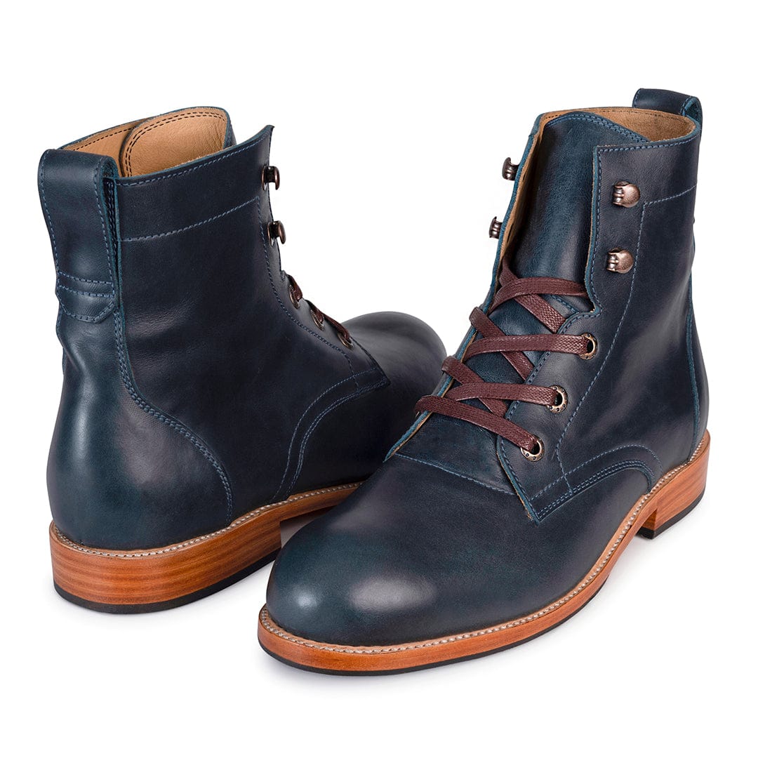 Adelante men's navy full grain leather lace up boots with Goodyear welt construction and polished leather soles