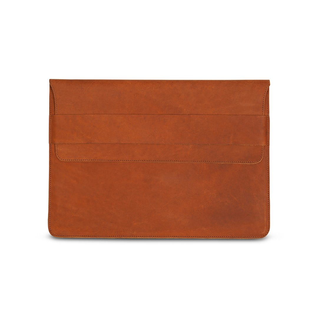 Light brown leather laptop sleeve, front view, personalization available