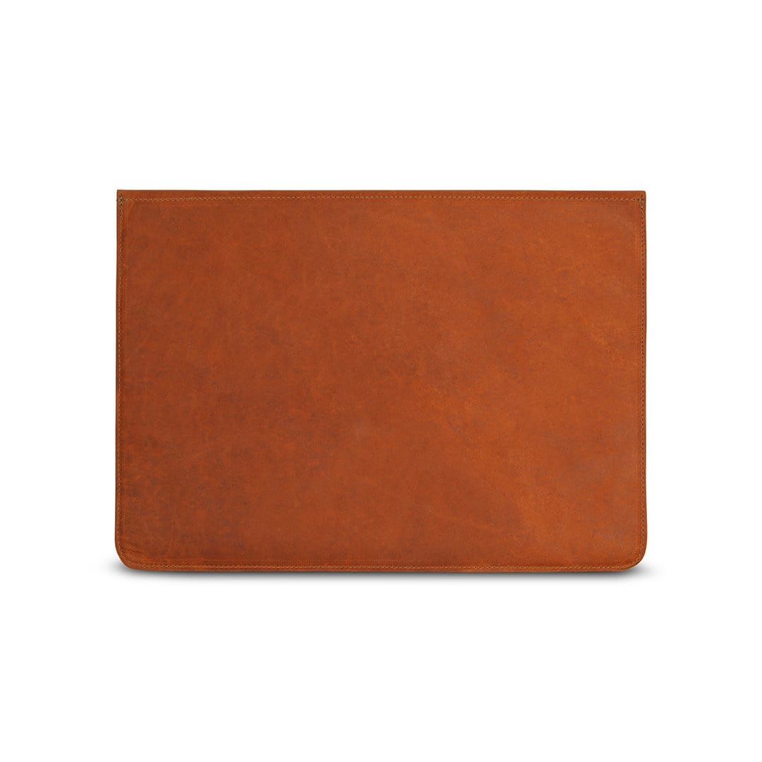 Light brown leather laptop sleeve, back view