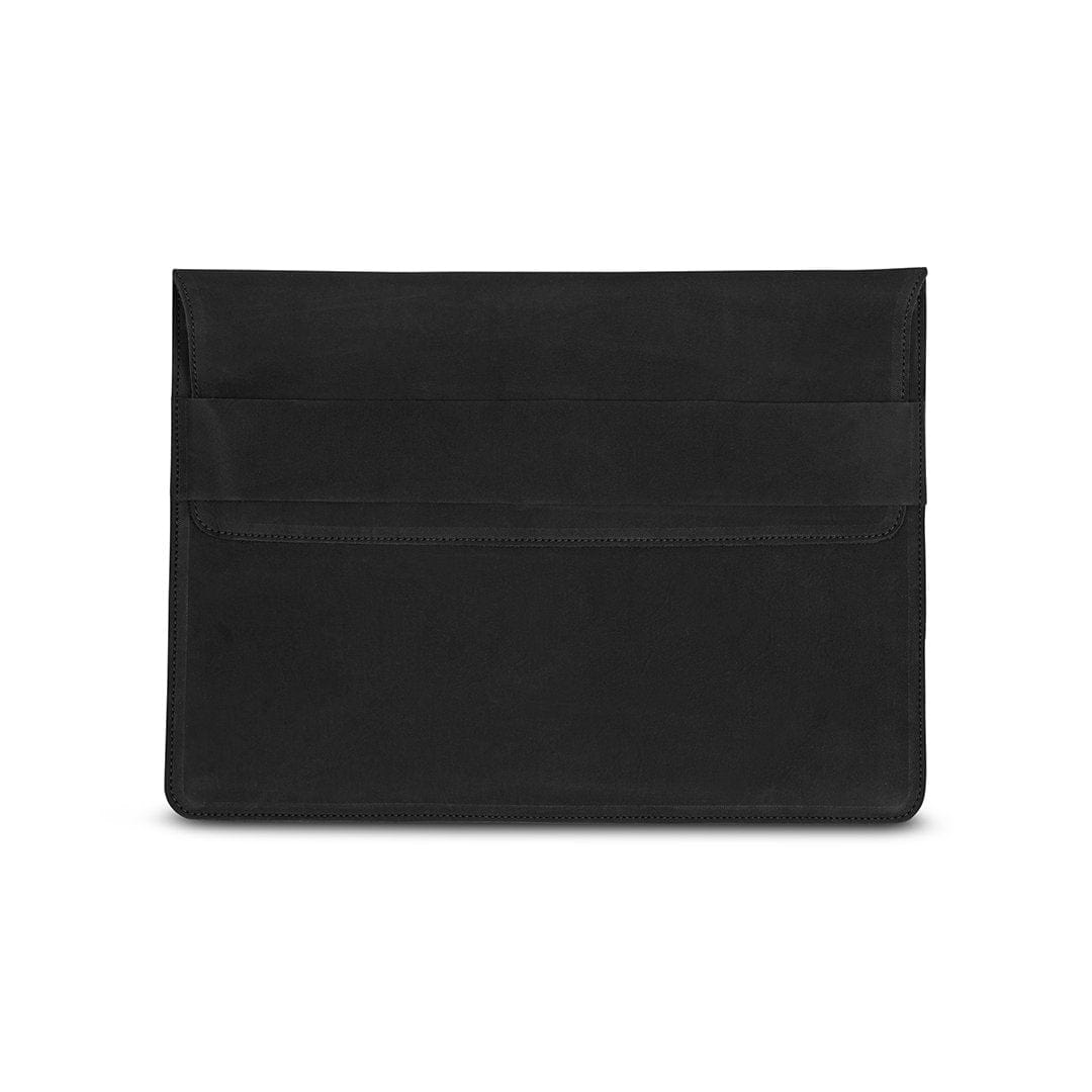 Black leather laptop sleeve, front view, handcrafted and made to order